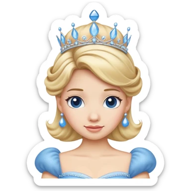 Cinderella emoji, classic fairytale look, blue ball gown, blonde hair, tiara, friendly expression sticker