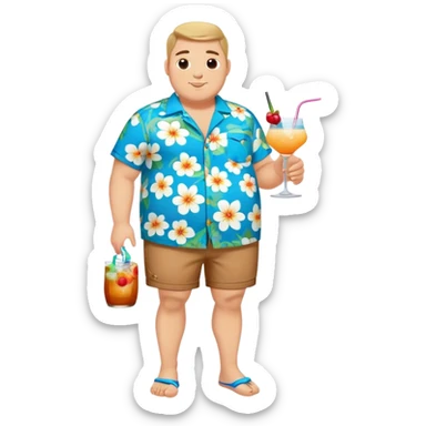 chubby guy full figure in a flowered azure havai shirt, brown shorts and flippers holding a cocktail sticker