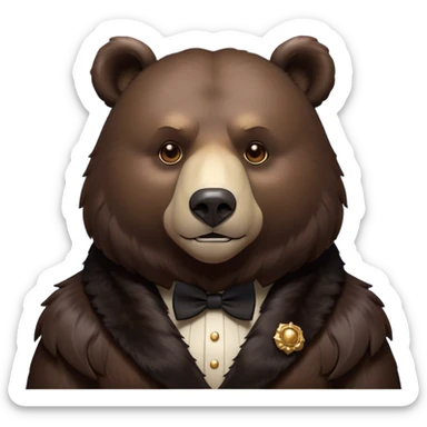 Cinematic Noble Bear Portrait Emoji, Poised and regal, with a large, imposing build and a thick, well-groomed rich dark brown fur, deep-set soulful eyes, Simplified yet sharp and sophisticated features, highly detailed, glowing with a soft, dignified glow, high shine, intelligent and formidable, stylized with an air of wild majesty, focused and attentive, soft glowing outline, capturing the essence of a watchful and commanding guardian, so majestic it feels as though it could lumber out of the screen with effortless authority! sticker