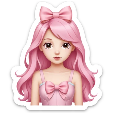  pastel pink long hair, bow on her hair, dress coquette design and bow on her chest

 sticker