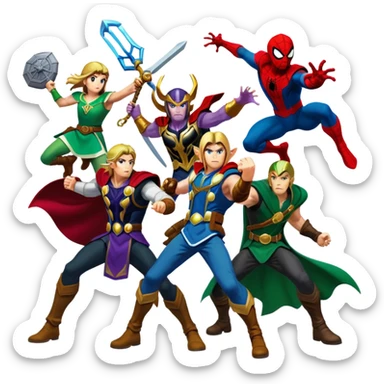Link and Zelda and Thanos and Loki and Thor and Spider-Man all fighting each other sticker