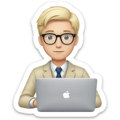 young blonde man professor with clear glasses and macbook sticker