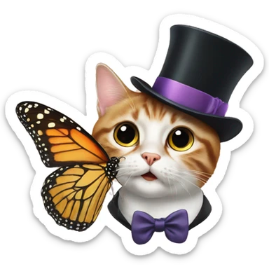 A surprised cat with a mustache and a top hat, a butterfly with big surprised eyes, an Englishman  sticker