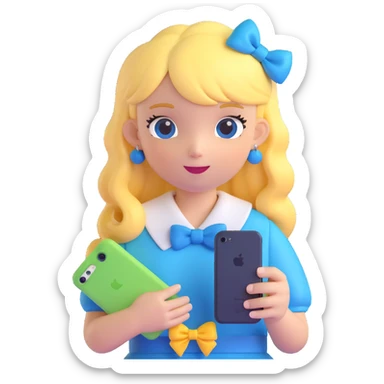 cute girl with yellow hair and blue bow holding an iPhone, clear and detailed, no background sticker