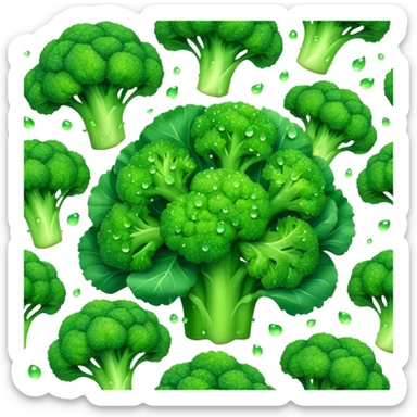 Cinematic lush green broccoli, detailed florets glistening with dewdrops, ultra-fresh and vibrant, soft glowing background, healthy and delicious. sticker