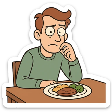 cartoon person sitting at a table with a plate of food, looking hesitant, one eyebrow raised sticker
