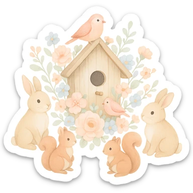 birdhouse with flowers and forest creatures including bunnies, birds, and squirrels, cozy pastel design, soft pastel colors, transparent background sticker
