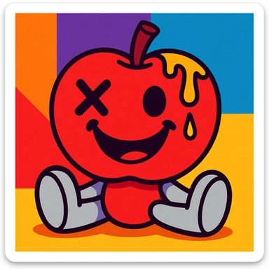 vibrant-toon style: apple plush toy, light grey plush limbs, left eye is an X, ichor leaking from stem, no leaf, wide happy grin sticker
