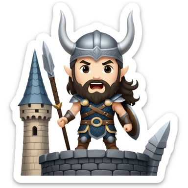 vikingo con armadura de Asgard, pelo negro ondulado, de pie, grito de guerra en torre de Asgard. sticker