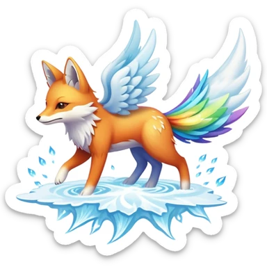 A cloud-dwelling creature made of vapor and static electricity, shaped like a winged fox that leaves rainbow trails as it flies and can condense parts of itself into water or ice projectiles. sticker
