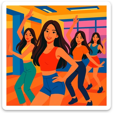 beautiful skinny women with long dark brown hair, kpop girl group at dance practice, energetic pose, modern dance studio background, vibrant toon style sticker