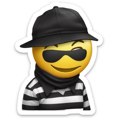 A yellow-faced emoji with a black mask, striped shirt, and a black cap smiles while holding a dollar-signed sack. The expression is friendly and playful. sticker