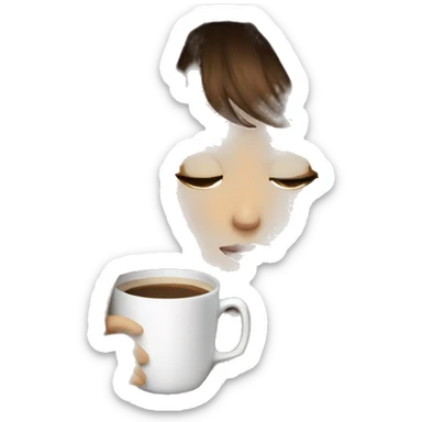 girl inside a blanket sipping coffee eyes closed white skin, brown hair and bangs sticker