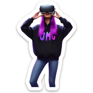 Russian girl wearing black hoody with violet letters "OMG", in vr headset oculus quest2. Dancing. Cyberpunk style. Violet neon. sticker