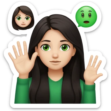 Animated girl dark long hair green eyes emoji with duh facial expression ,one hand on top of her head sticker