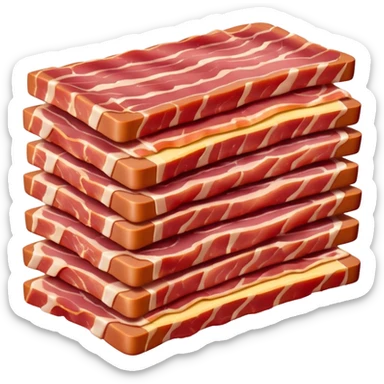 small pile of thick, short rectangular strips of raw bacon lardons, alternating layers of pinkish-red meat and creamy white fat, clean cut, slightly irregular edges, fresh, moist, uncooked, soft lighting, subtle shadows, transparent background, emoji scale sticker