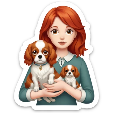 red-hair girl with a King Charles Spaniel on her hands sticker