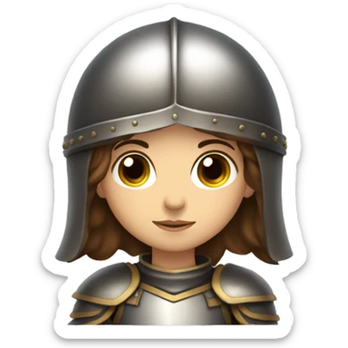 Girl knight with brown hair and brown eyes and a helmet sticker