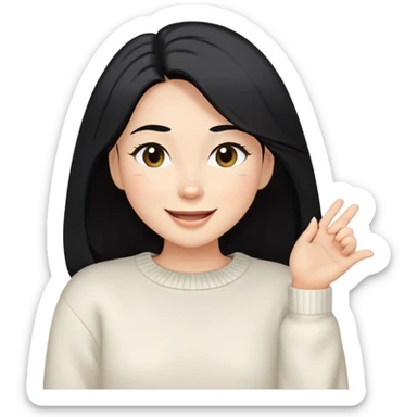 A woman with longer black hair, light to medium skin tone, full cheeks, and almond-shaped eyes, wearing a simple white sweater, joyful and radiant expression, cheerful, winking. sticker