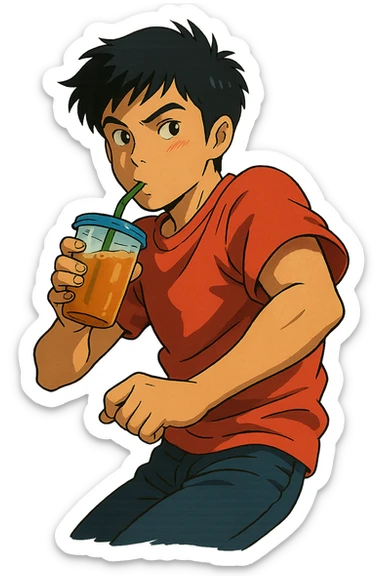 Kitsui Akira sipping a drink, dynamic pose, stylized shading, bold colors, ghibli-inspired sticker
