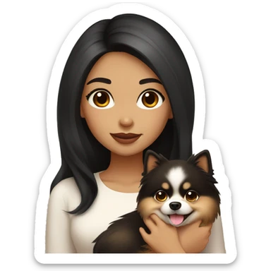 A girl with long black hair, light brown eyes, big lips, she has fair skin, holds a light pomeranian in her hands sticker