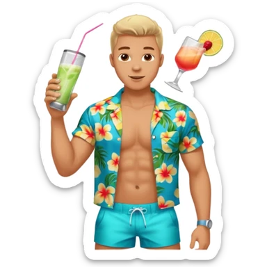 human male Unbuttoned Hawaiian shirt, swim trunks, shaking a cocktail shaker (sparks flying) sticker