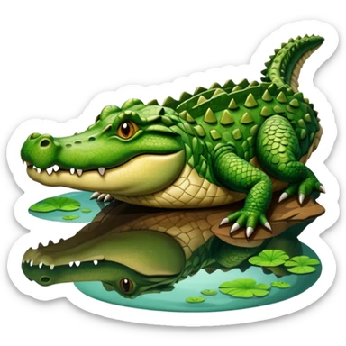 A large crocodile resting on a riverbank, part of its body in water, realistic scales and reflections, natural sunlight. sticker