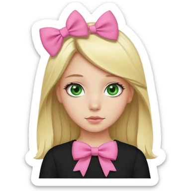 blonde girl middle part, pink bow in hair, plain black top, green eyes. sticker