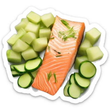 Salmon  chunks with leek and zucchini on a plate  sticker