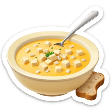 cheese soup with lard and garlic, and cubes of dry dark bread sticker