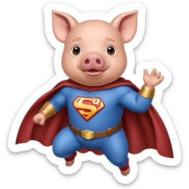 Super hero Blue Pig wearing bacon clothes and cape eating bacon flying  sticker