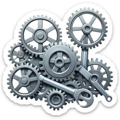 An icon featuring gears, a wrench, and mechanical blueprints, symbolizing mechanical engineering. The design includes pistons, turbines, and technical drawings, representing the design, construction, and operation of machinery. Transparent background  sticker