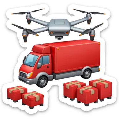 create a realistic emoji showing logistics in different ways. Maybe a car, a storage room, a place where everything is stored, drones and so on sticker