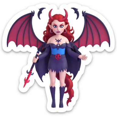 extremely diabolical demon girl with massive bat wings, blood red hair, sinister glowing blue eyes, dark hellish aura, sharp horns, fangs, pentagram sticker