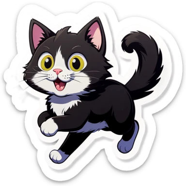 A cat with curly black hair running a track sticker