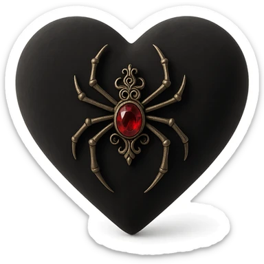 gothic heart in 3D black style, black velvet texture, silver spider brooch, deep red gemstone, ornate and dark sticker