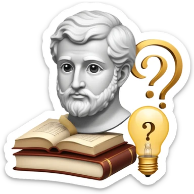 An icon featuring a classical bust, a book, and a question mark, symbolizing philosophy. The design includes a lightbulb, representing ideas, and a scroll with ancient text, evoking deep thought and intellectual inquiry. Transparent background highlights the search for knowledge and meaning. sticker