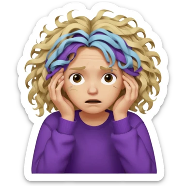 Emoji-style illustration of a frustrated young woman, messy, tangled, curly tousled blonde hair, clearly unkempt and chaotic, wearing a purple sweater, holding her face in her hands, expressing annoyance and disappointment, cartoonish, expressive, simple lines, flat colors, clear silhouette,  sticker