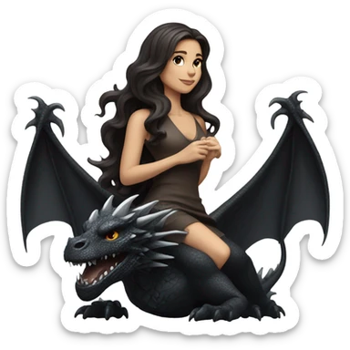 Beautiful white woman with long wavy dark brown hair riding on top of a black dragon sticker