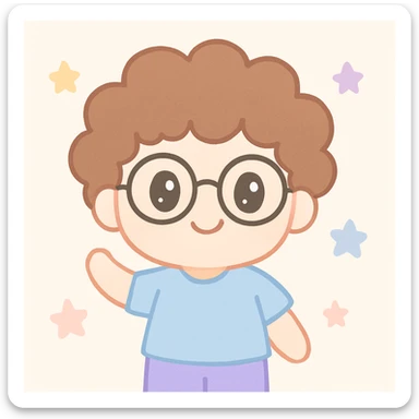 character with curly brown hair, eyeglasses, white complexion skin, cute cartoon style sticker