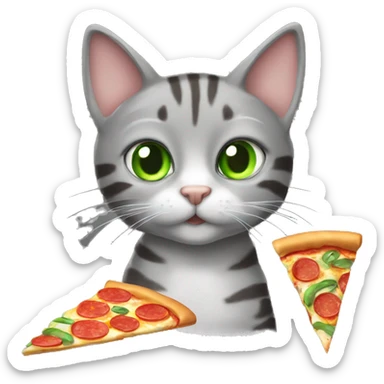 Gray tabby cat with green eyes eating a slice of pizza sticker
