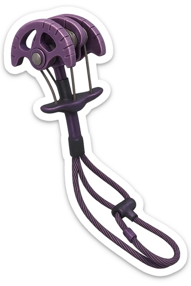 Trad climbing camming device in purple, metallic, with lobes and a stem, isolated on transparent background, realistic metallic texture and details sticker