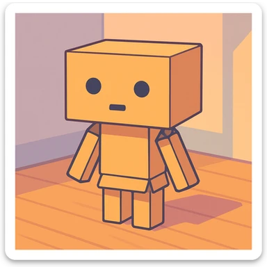 small cardboard robot named Danbo standing alone in the middle of a softly lit room, square head with two round black eyes and a small rectangular mouth, body made of folded cardboard panels, jointed arms and legs, cartoonish style with clean lines and pastel colors, warm wooden flooring, soft shadows, cozy and nostalgic atmosphere sticker