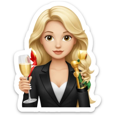 Glamorous blonde lady holding champagne bottle, long hair sticker