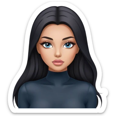 Glamours, tanned, very beautiful girl, with big pump peach-beige-rose lips, long long lashes, black straight smooth silky long hair, straight parting hair, blue-grey eyes in black long-sleeves bodysuit sticker