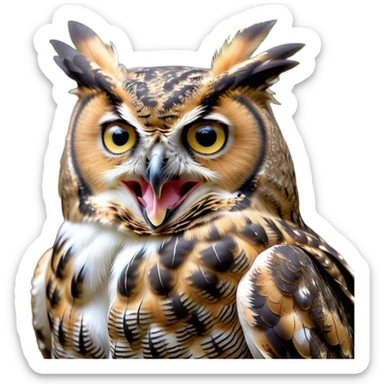 Cinematic Cute Yawning Great Horned Owl Portrait Emoji, Head tilted slightly with a dramatic, wide-open yawn, showcasing a soft, downy mottled plumage with gently drooping feathers, round golden eyes barely open in drowsy contentment, Simplified yet irresistibly adorable features, highly detailed, glowing with a soft, cozy glow, high shine, relaxed yet expressive, stylized with a touch of nocturnal whimsy, bright and endearing, soft glowing outline, capturing the essence of a sleepy yet affectionate owl, so drowsy it feels like it could glide out of the screen and curl up for a nap! sticker