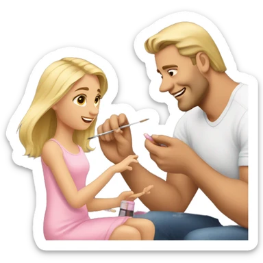 blonde daughter paints blonde dad's nails sticker