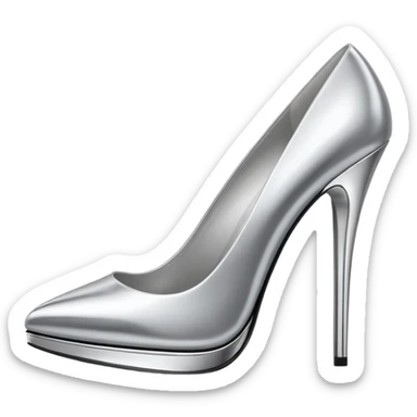 A pair of high heel shoes emoji made of polished silver chrome, elegant sharp silhouette, smooth metallic surface, glossy reflections, luxury sexy vibe, minimalistic iOS emoji style, centered, clean white background sticker