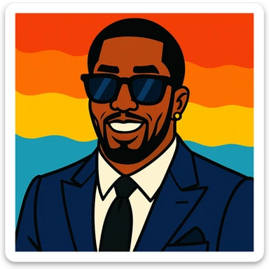 P Diddy in a stylish suit with sunglasses, vibrant cartoon style sticker