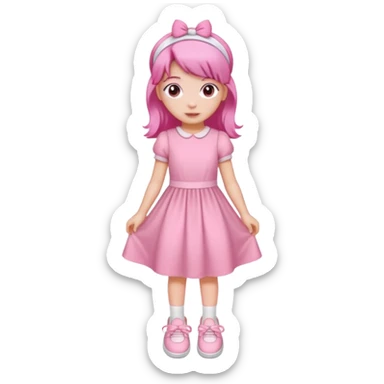 A girl wear a a pink pink dress and pink wacth and a pink hairband and a white shoes sticker
